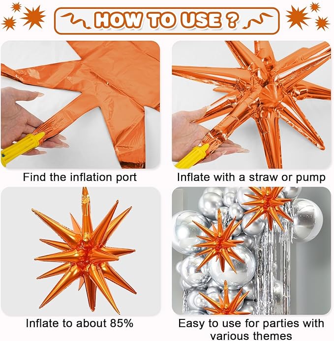 Black White Orange Star Balloons,9Pcs 22Inch Sand White Orange Explosion Spike Cone Helium Polyester Film Star Foil Balloons for Halloween Birthday Anniversary Baby Shower Party Decorations
