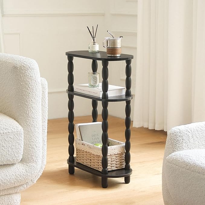 MaxSmeo Small End Table Set of 2, 3-Tier Narrow Side Table Bedroom Set of 2 with Storage, Skinny Side Table Nightstand for Small Space, Bedrooms, Living Room (Black)