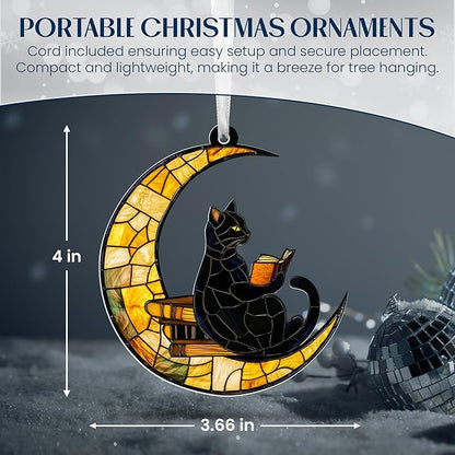 FLAGWIX Christmas Book Lovers Gifts for Readers - Acrylic Christmas Ornaments 2025 - Reading Nerd Librarian Bookish Gifts for Book Lovers, Black Cat Gift, Cat Decor Ornament for Christmas Decorations