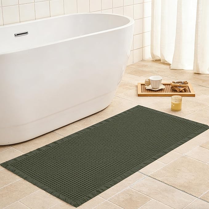 Waffle Bath Mat Non Slip, Boho Runner Rug, Super Absorbent Quick Dry Long Bath Runner Bathroom, Soft Farmhouse Bath Rug with Tassels, Washable Shower Mats for Floor 24"x48", Olive Green