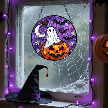 Stained Glass Window Hanging Halloween Horror Pumpkin 15" - Suncatcher Door Garden Sunroom Gothic Style Ghost Bat Sun Catcher Birthday for Friend Mom Men Woman Nana