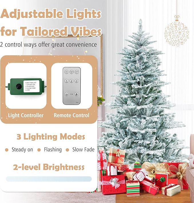 GOFLAME 6FT Pre-Lit Christmas Tree Snow Flocked, Hinged Artificial Xmas Tree with 661 Branch Tips, 500 Cold White LED Lights, 3 Lighting Modes, Timer, Remote, Holiday Decoration Tree for Home Party