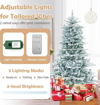 GOFLAME 6FT Pre-Lit Christmas Tree Snow Flocked, Hinged Artificial Xmas Tree with 661 Branch Tips, 500 Cold White LED Lights, 3 Lighting Modes, Timer, Remote, Holiday Decoration Tree for Home Party