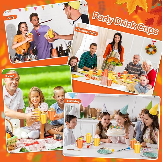 KesaPlan 100 PCS 12 OZ Thanksgiving Plastic Party Cups, Diaposable Yellow & Orange Cups, Fall Drinking Cup Bulk for Thanksgiving Easter Halloween Wedding Birthday Graduation Gathering Celebrations