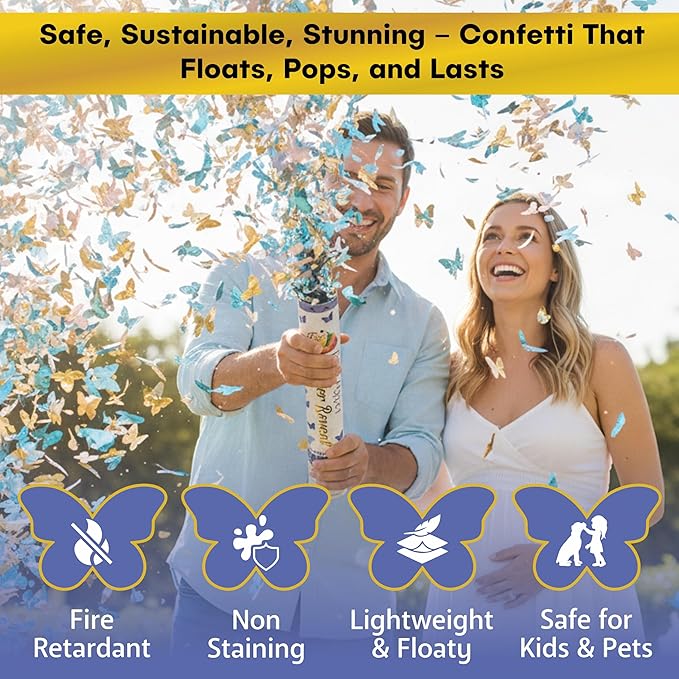 2 Pack Blue Butterfly-Shaped Confetti Poppers for Baby Gender Reveal | Blue Paper and Gold Mylar Baby Boy Party Supplies