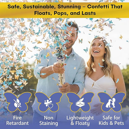2 Pack Blue Butterfly-Shaped Confetti Poppers for Baby Gender Reveal | Blue Paper and Gold Mylar Baby Boy Party Supplies