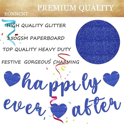 Pre-Strung Happily Ever After Banner - Royal Blue Glitter Bachelorette Bridal Engagement Party Decoration Supplies, Bachelorette Wedding Party Banner for Engagement, Bridal Shower, Wedding Party Photo Booth Props