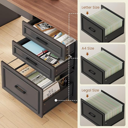 SEDETA Farmhouse L Shaped Electric Standing Desk, 63" x 67" Height Adjustable Home Office Executive Desk with Drawers and Shelves, Standing Computer Desks with Power Outlet for Home Office, Black