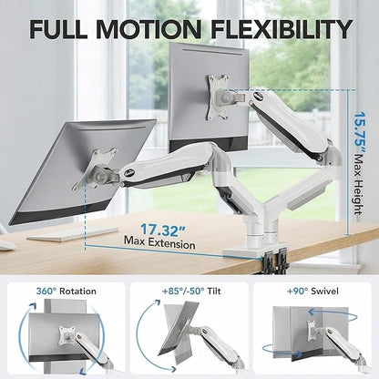 HUANUO Dual Monitor Stand - Full Adjustable Monitor Desk Mount Swivel Vesa Bracket with C Clamp, Grommet Mounting Base for 13 to 32 Inch Computer Screens - Each Arm Holds 4.4 to 19.8lbs - White