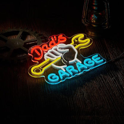 Dad's Garage Neon Sign for Wall Décor LED Car Signs for Auto Repair Shop Man Cave Workshop Decor for Fathers Gift