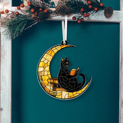 FLAGWIX Christmas Book Lovers Gifts for Readers - Acrylic Christmas Ornaments 2025 - Reading Nerd Librarian Bookish Gifts for Book Lovers, Black Cat Gift, Cat Decor Ornament for Christmas Decorations