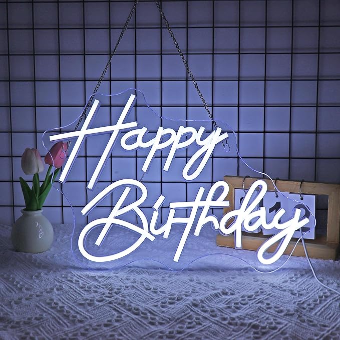Neon Sign, Happy Birthday Neon Signs for Wall Decor White LED Neon Light Up Signs Home Decor for Birthay Business Club Party Bars Shop Decoration USB Operated