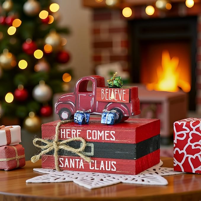 Smile Christmas Wooden Books Stack, Santa Claus Belt Sleigh Faux Books Bundle, Rustic Tiered Tray indoor Decorations, for Home Kitchen Table Mantle Shelf