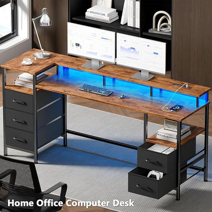 61 Inch Gaming Desk with Power Outlets and LED Lights, Reversible Computer Desk with 5 Fabric Storage Drawers, Home Office Desk with Monitor Stand for Working Writing Study, Rustic Brown