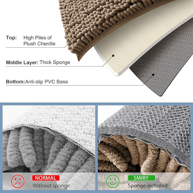 Smiry Luxury Chenille Bathroom Rugs 34x21, Extra Soft and Absorbent Shaggy Bath Mat, Machine Washable, Non-Slip Plush Carpet Runner for Tub, Shower, and Floor, Home Decor Accessories, Camel