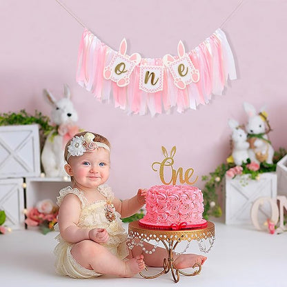 Pink Bunny One High Chair Banner - Some Bunny Is One Banner, Easter Bunny 1st Birthday Highchair Banner, Bunny Princess 1st Birthday Decorations, Pink Ribbon High Chair Garland (Bunny Banner One)