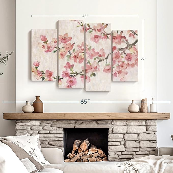 Elephant Stock Cherry Blossom Composition I Wall Art - Horizontal Canvas - 4-Piece Living Room Wall Decor - Branch Painting Canvas Print - Pink and Green Decor for Wall by Tim O'Toole - 43" X 27"
