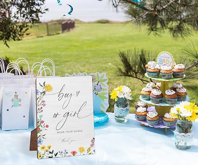 Boy or Girl Wear Your Guess Baby Shower Sign, Floral Wooden Table Sign with Stand and Hook, 5x7 inches, Free-standing/Hanging, Home/Office Decor
