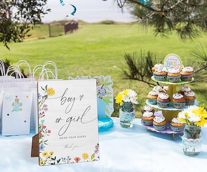 Boy or Girl Wear Your Guess Baby Shower Sign, Floral Wooden Table Sign with Stand and Hook, 5x7 inches, Free-standing/Hanging, Home/Office Decor