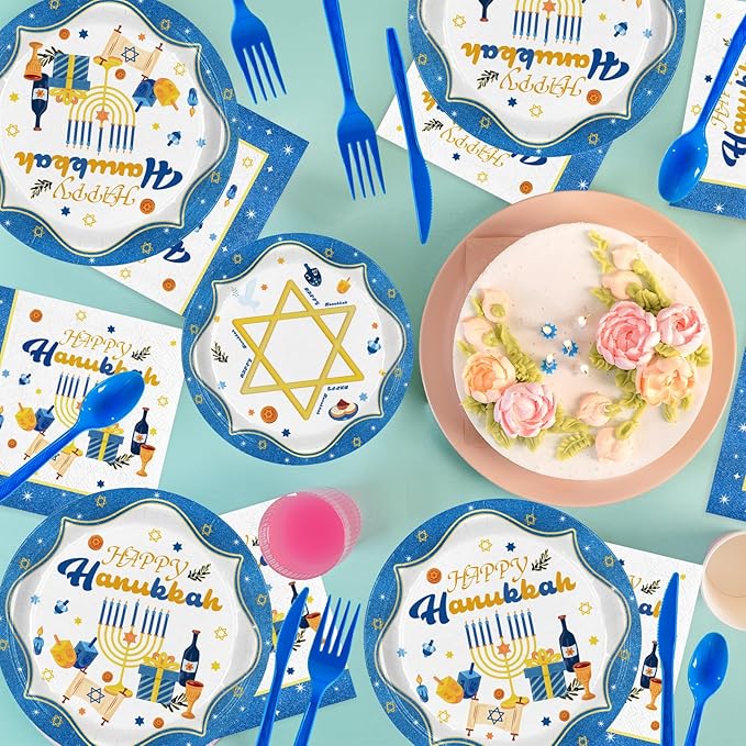 Hanukkah Plates and Napkins Set, Blue White Jewish Party Supplies for 24 Guests - Includes Disposable Paper Plates, Napkins, Cups & Cutlery for Hanukkah Decorations