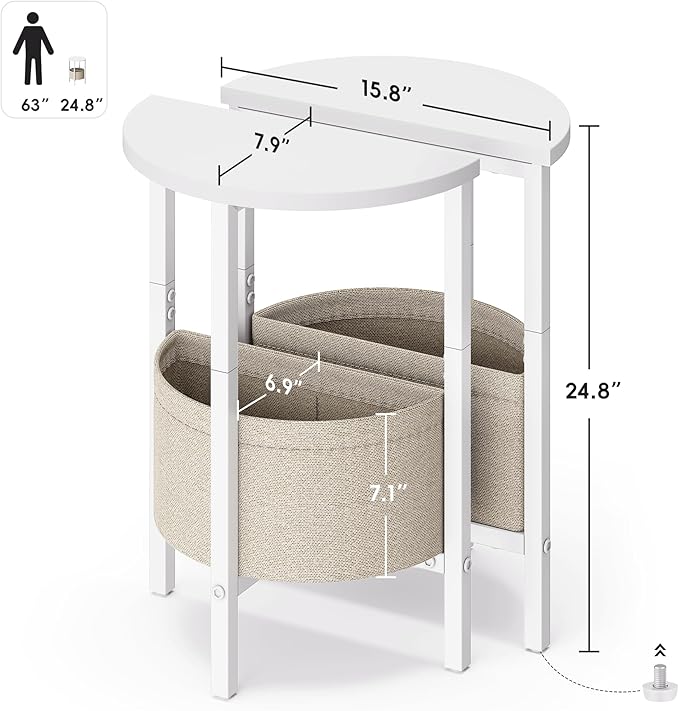 Vagusicc Side Table, Small Round End Table, Tall Accent Table with Storage Basket, Set of 2 Half Round Coffee Tables Half Moon Tables, Bedside Table, Modern Nightstand for Living Room Bedroom, White