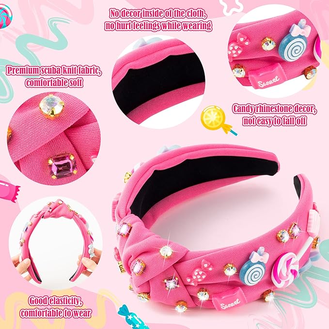 PANTIDE Candy Jeweled Knotted Headband - Christmas Sugar Lollipop Rhinestone Crystal Embellished Preppy Headband Wide Top Knot Fashion Hair Accessories Candyland Birthday Gift for Women Girls (Pink)