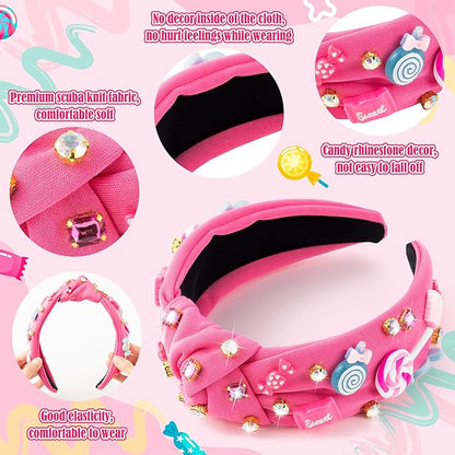 PANTIDE Candy Jeweled Knotted Headband - Christmas Sugar Lollipop Rhinestone Crystal Embellished Preppy Headband Wide Top Knot Fashion Hair Accessories Candyland Birthday Gift for Women Girls (Pink)