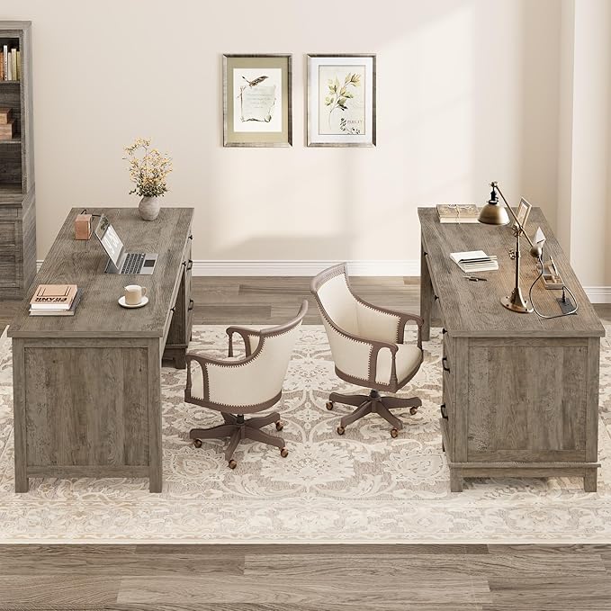 GarveeHome Farmhouse Executive Desk with Drawers, 53.54 in Home Office Desk with Charging Station, Wooden Computer Desk with File Cabinet Storage for Work Study Writing, Rustic Gray