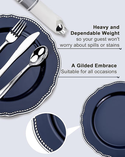 Hioasis 350pcs Blue Silver Plastic Plates - Silver Plastic Dinnerware Set Includes 50 Dinner Plates, 50 Dessert Dinnerware, 50 Cups, 50 Napkins Perfect for Wedding & Party