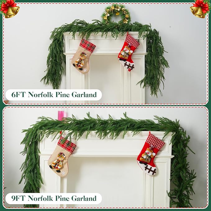 2 PCS-6FT Artificial Norfolk Pine Garlands - Real Touch Winter Pine Garland, Green Artificial Greenery Garland for Table, Mantle, Wall, Indoor, Outdoor Christmas Decorations
