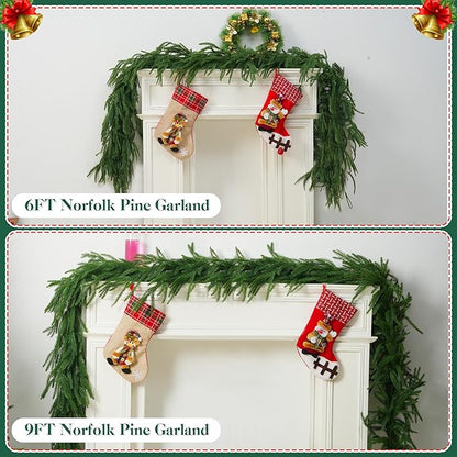 2 PCS-6FT Artificial Norfolk Pine Garlands - Real Touch Winter Pine Garland, Green Artificial Greenery Garland for Table, Mantle, Wall, Indoor, Outdoor Christmas Decorations