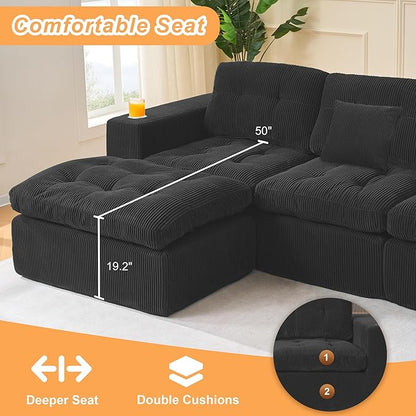 108 Inch Cloud Sectional Couch Modern Modular Sectional Sofa with Deep Seat - L Shaped Comfy 3 Seater Sectional Couches Memory Foam Boneless Fits Living Room & Bedroom, Black