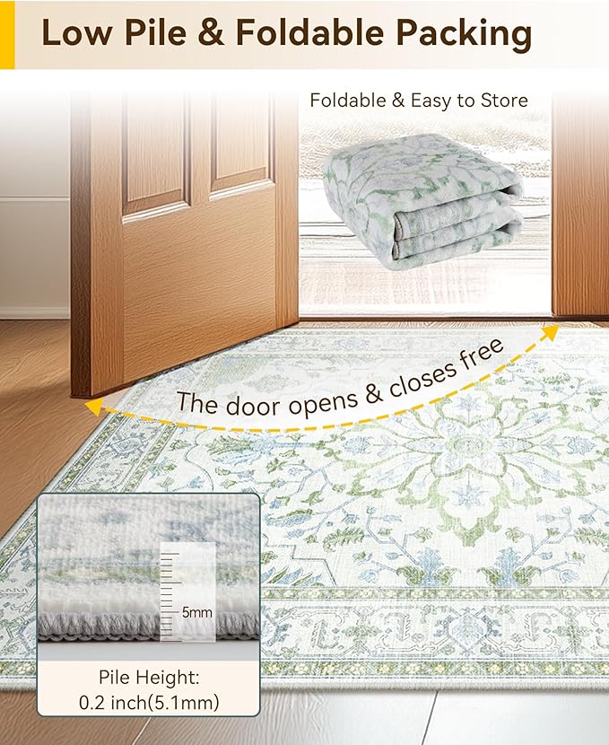 Area Rugs 3'x5' Washable Non-Slip, Floral Vintage Distress Print Pattern Medallion Carpet for Living Room Bedroom Dining Room, Green White Blue