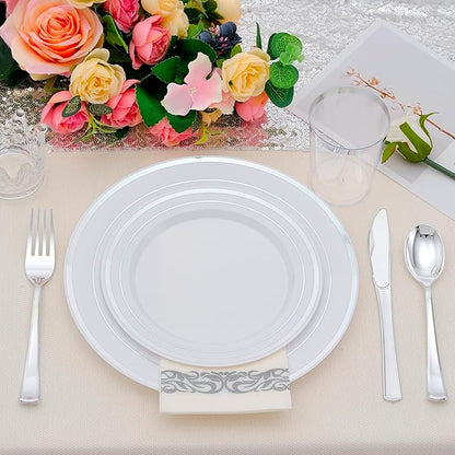 700 PCS Silver Plastic Dinnerware for 100 Guests, Silver Disposable Plate for Party Wedding with 100 Dinner Plates, 100 Dessert Plates, 100 Silverware Set, 100 Cups, 100 Napkins