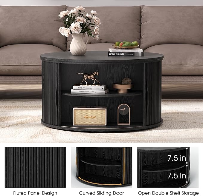 31.5" Black Round Lift Top Coffee Table, Modern Fluted Drum Center Table with Hidden Storage, Minimalist Circle Wood Desk for Living Room & Small Apartment