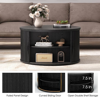 31.5" Black Round Lift Top Coffee Table, Modern Fluted Drum Center Table with Hidden Storage, Minimalist Circle Wood Desk for Living Room & Small Apartment