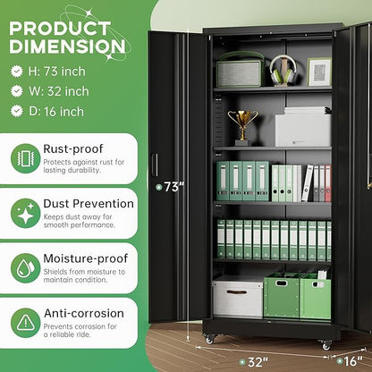 INTERGREAT Metal Storage Cabinet with Wheels, 73" H Rolling Metal Cabinets with Doors and Shelves, Black Steel Lockable Cabinet on Wheels for Garage Storage
