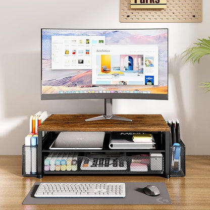 OPNICE Wood Desk Organizers and Accessories, 2-Tier Computer Monitor Stand Riser with Drawer and 2 Pen Holders, Laptop Stand, Office Desk Accessories for Office Supplies, Brown