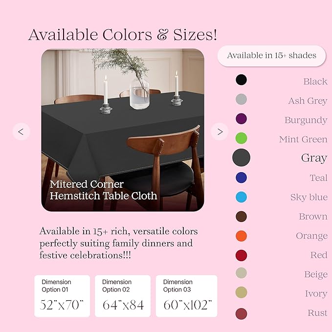 Dark Grey Tablecloth, Rectangle Table Cover 60x86 Inch, 100% Cotton, Fits 6-8 Seats, Soft, Durable, Washable, Wrinkle Resistant, Dining Table Cloth for Modern Decor, Events, Dining