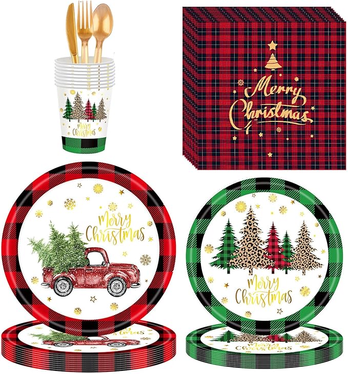 168PCS Christmas Plates and Napkins with Cups Fork Spoon,Serves 24, Christmas Disposable Dinnerware Set Party Supplies(Red)