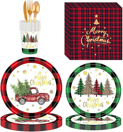 168PCS Christmas Plates and Napkins with Cups Fork Spoon,Serves 24, Christmas Disposable Dinnerware Set Party Supplies(Red)