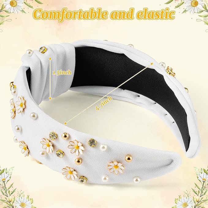 PANTIDE Daisy Jeweled Knotted Headband - Rhinestone Crystal Beads Embellished Headband Wide Top Knot Fashion Hairband Hair Accessories Spring Summer Birthday Holiday Gift for Women Girls (White)