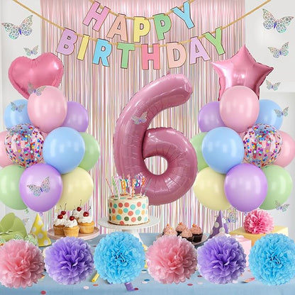 Pastel 6th Birthday Party Decorations for Girls Number 6 Balloon Happy Birthday Banner Butterfly Stickers Fringe Curtain Paper Pom Poms Macaron Pink Star Heart Foil Colorful Balloons 6 Year Old Decor