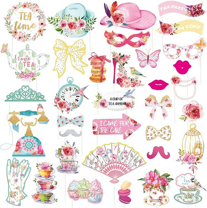 SUNBEAUTY 36 Pcs Tea Party Photo Booth Props - Pink, White, Green - Floral Pattern - Paper Material - Perfect for Parties