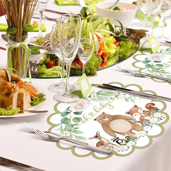 100 Pcs Woodland Baby Shower Decorations 13.5" Scalloped Woodland Animals Paper Placemats Disposable Jungle Animals Table Place Mats for Wild Animal Birthday Party Supplies