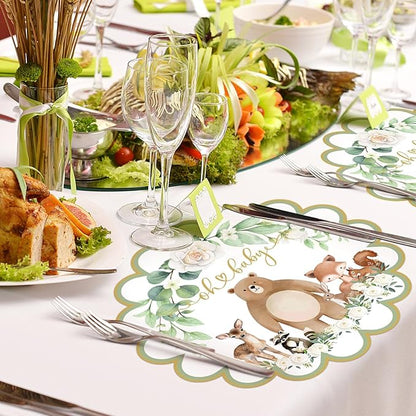 100 Pcs Woodland Baby Shower Decorations 13.5" Scalloped Woodland Animals Paper Placemats Disposable Jungle Animals Table Place Mats for Wild Animal Birthday Party Supplies