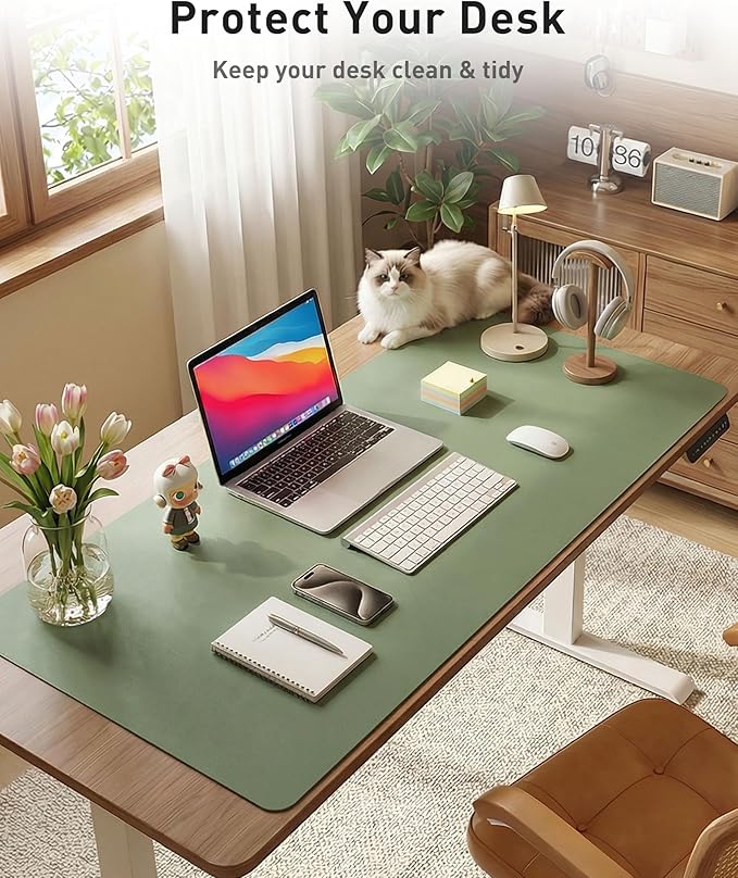 Aothia Faux Leather Desk Mat - Large Mouse Pad, Non-Slip PU Leather Blotter, Waterproof Writing Surface for Office and Home (Olive Green, 40" x 24")
