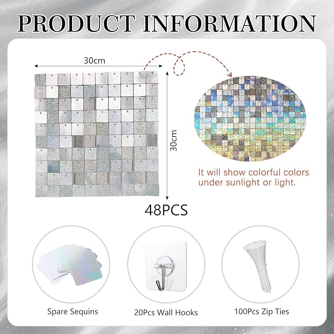48 PCS Silver Shimmer Wall Backdrop, Laser Square Sequin Photo Backdrops Panel, Glitter Wall Background for Birthdays, Weddings, Halloween, Engagements, Disco Bachelorette Party Decoration (6FTx8FT)