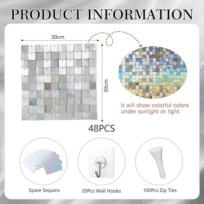 48 PCS Silver Shimmer Wall Backdrop, Laser Square Sequin Photo Backdrops Panel, Glitter Wall Background for Birthdays, Weddings, Halloween, Engagements, Disco Bachelorette Party Decoration (6FTx8FT)