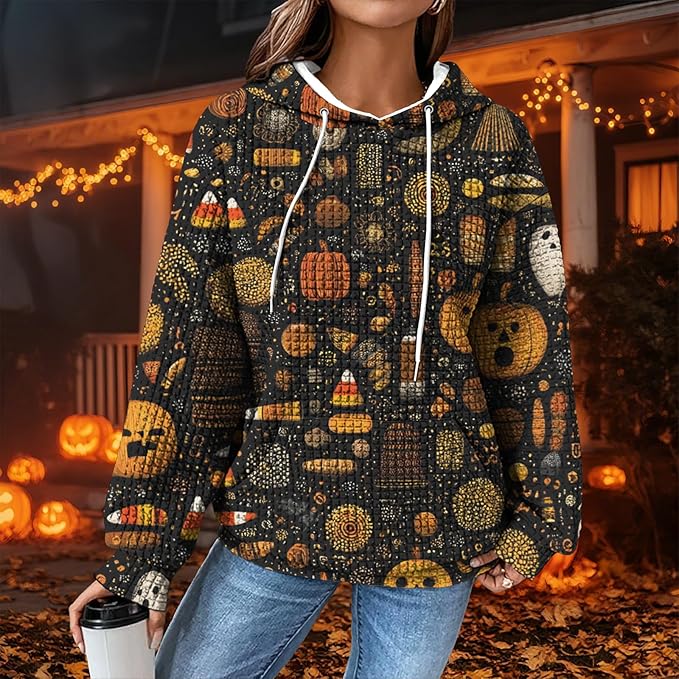 Halloween Sweatshirts for Women Novelty Graphic Drawstring Waffle Hoodies Loose Casual Pullover Tops with Pocket